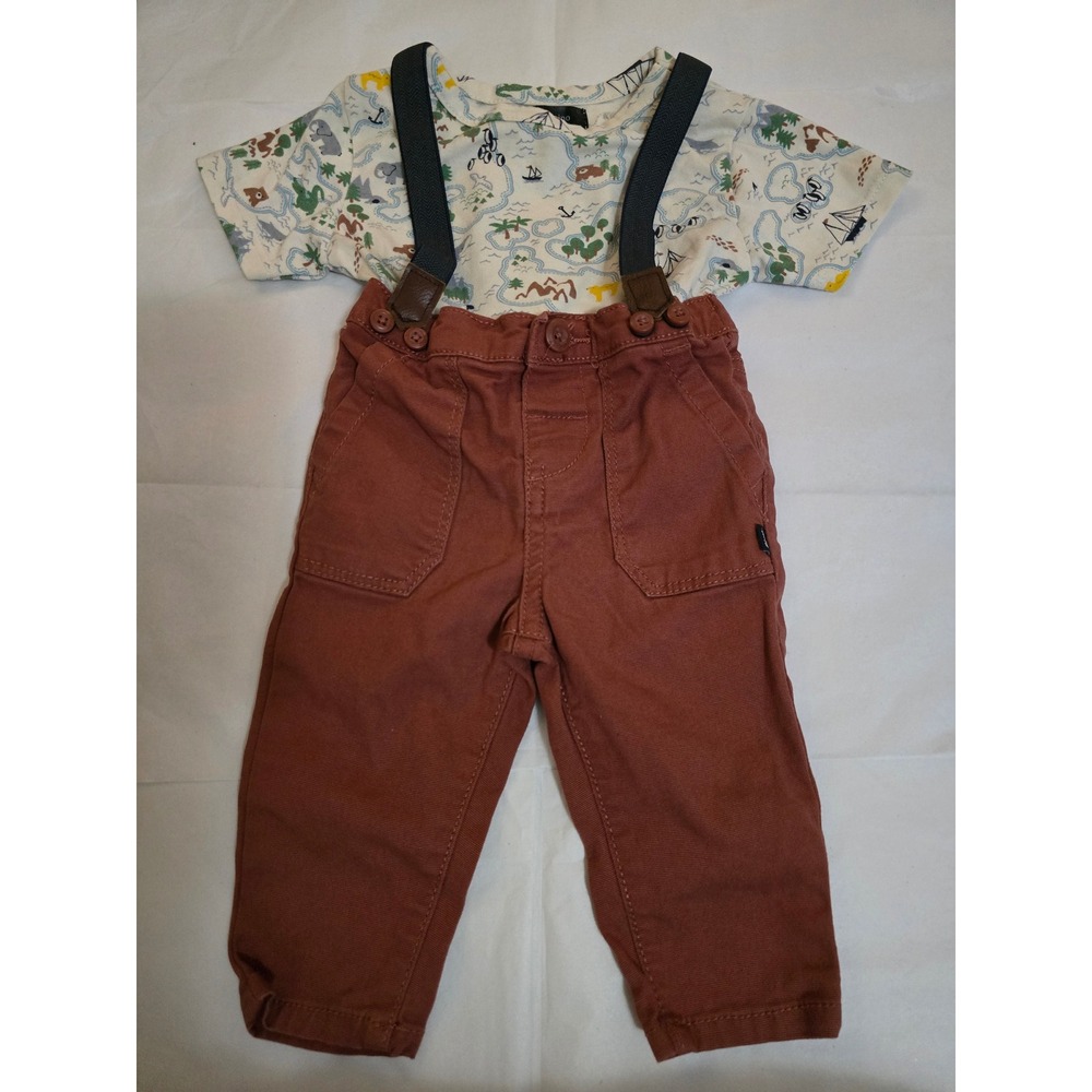 Baby Bgosh Picapino Boys 6-9M Map Print Shirt and Suspender Pants Outfit Set